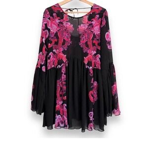Free People intimately‎ Symphony Black M Bell Sleeve Tunic Semi Sheer Dress Boho